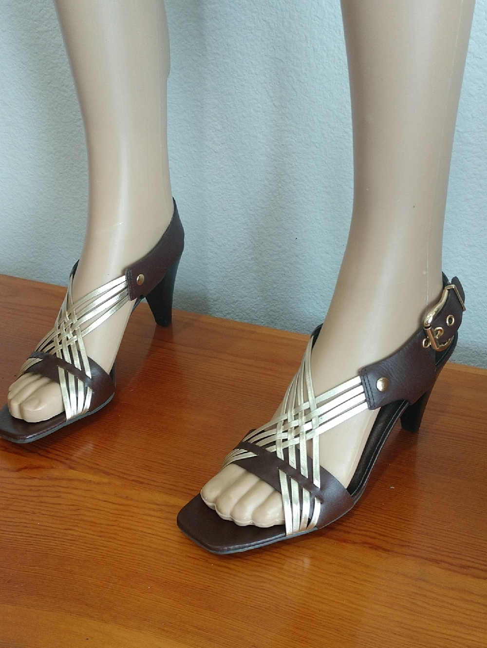 Vaneli Brown and Gold Strappy High Heel Sandals